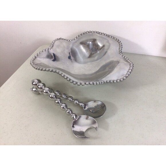 Mariposa Large Silver Serving Salad Bowl with Utensils - Picture 1 of 7